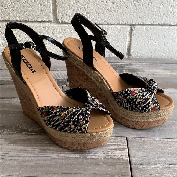 Black multi print espadrille cork platform wedge - Picture 2 of 5